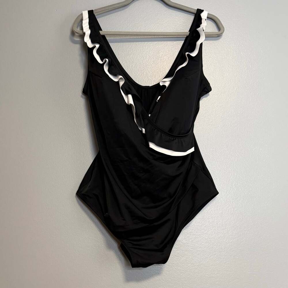 Longitude Black White Ruffle One Piece Swimsuit 22W